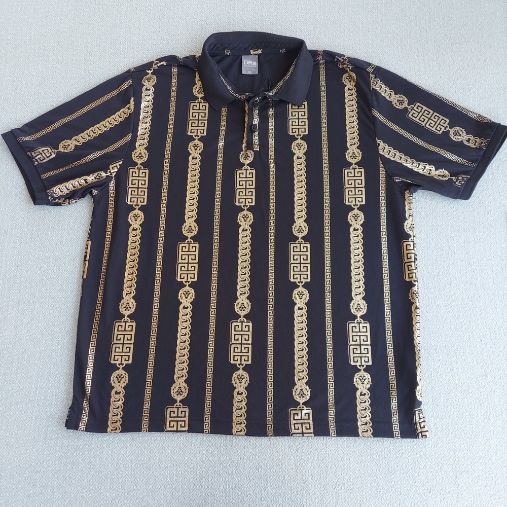 DR Social Club Mens XL Polo Shirt Black Gold Metallic Chain Baroque Greek‎ Key